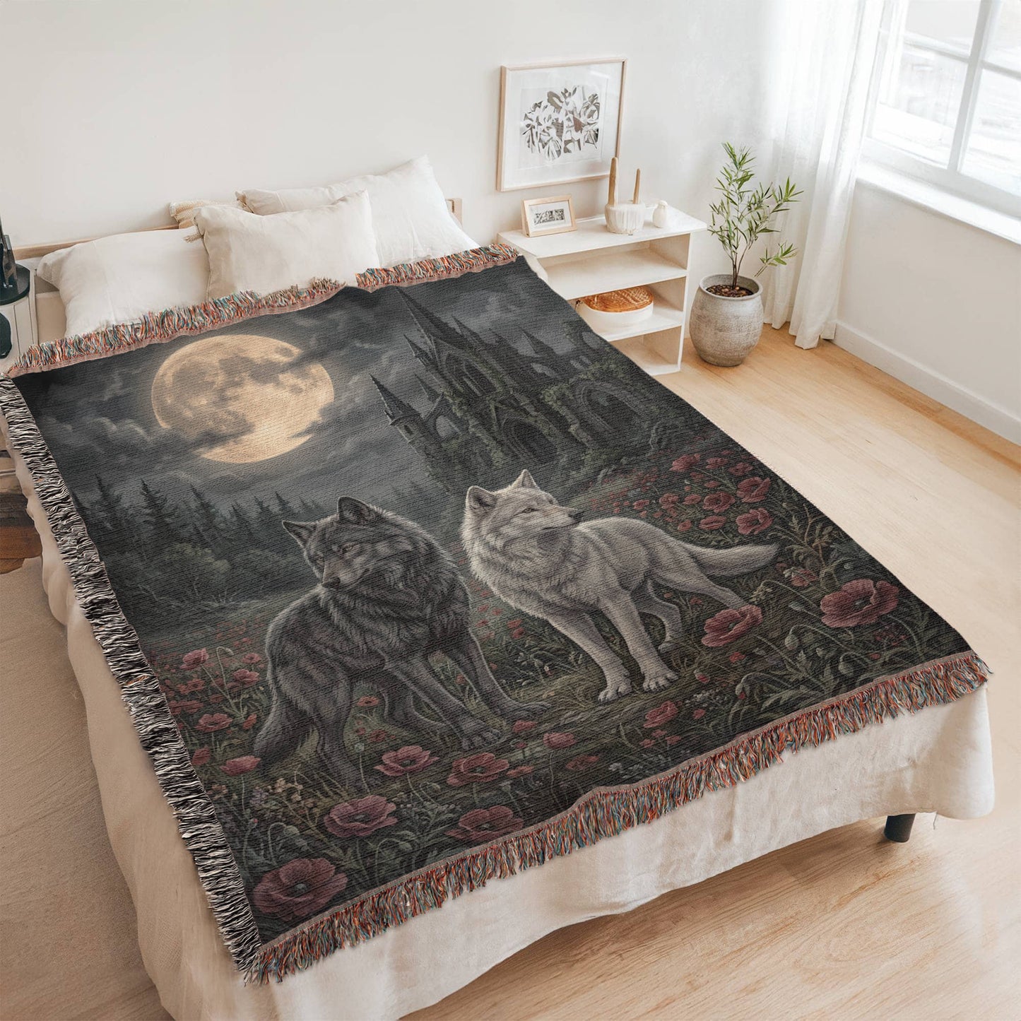 Cotton Woven Blanket – Gothic Wolf Couple in Poppy Field under Moon