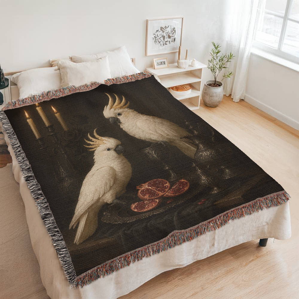 100% Cotton Woven Blanket – White Parrots on Table with Two Halved Pomegranates, Bronze Cup and Jug