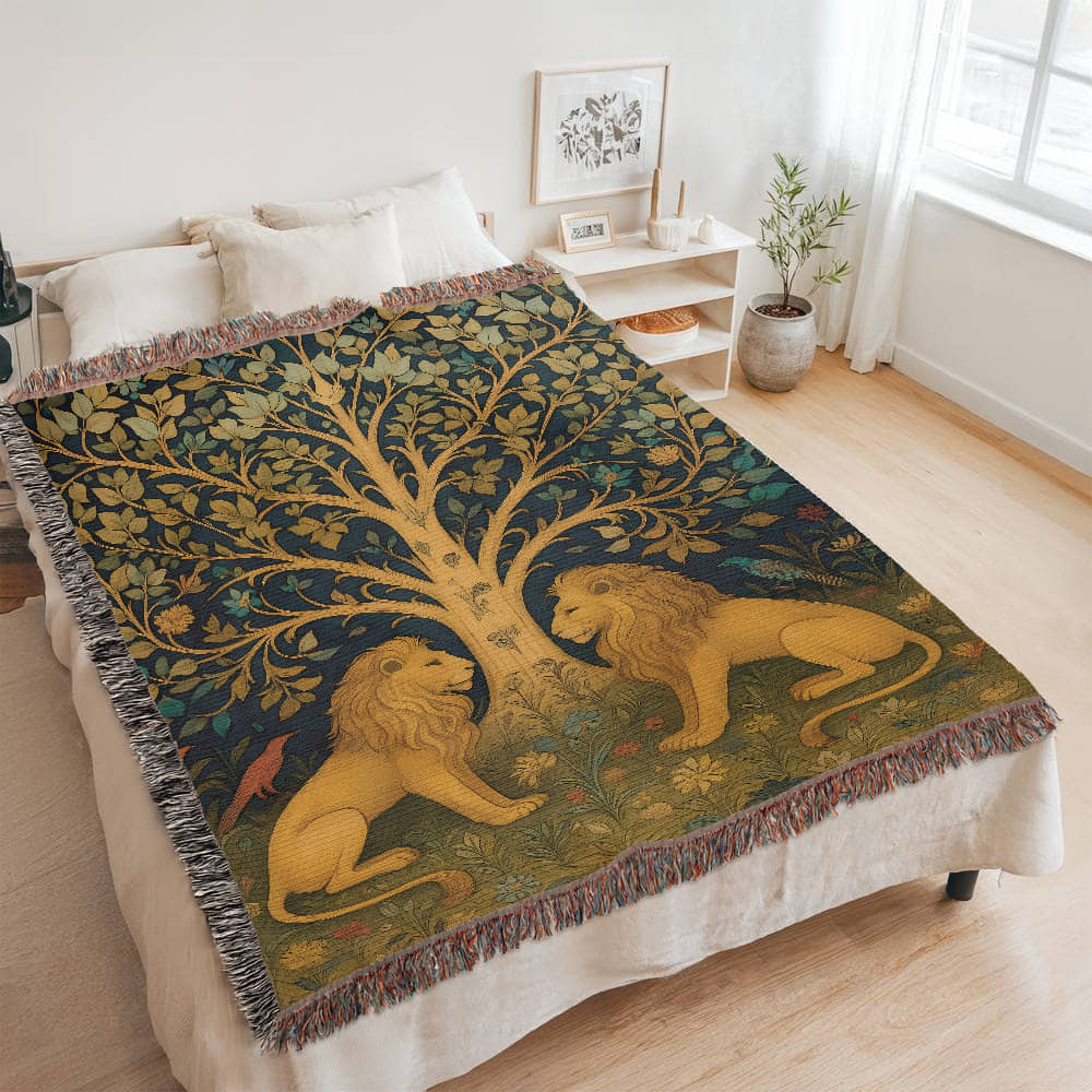 100% Cotton Woven Blanket – Majestic Lions under Forest Tree Gazing at One Another
