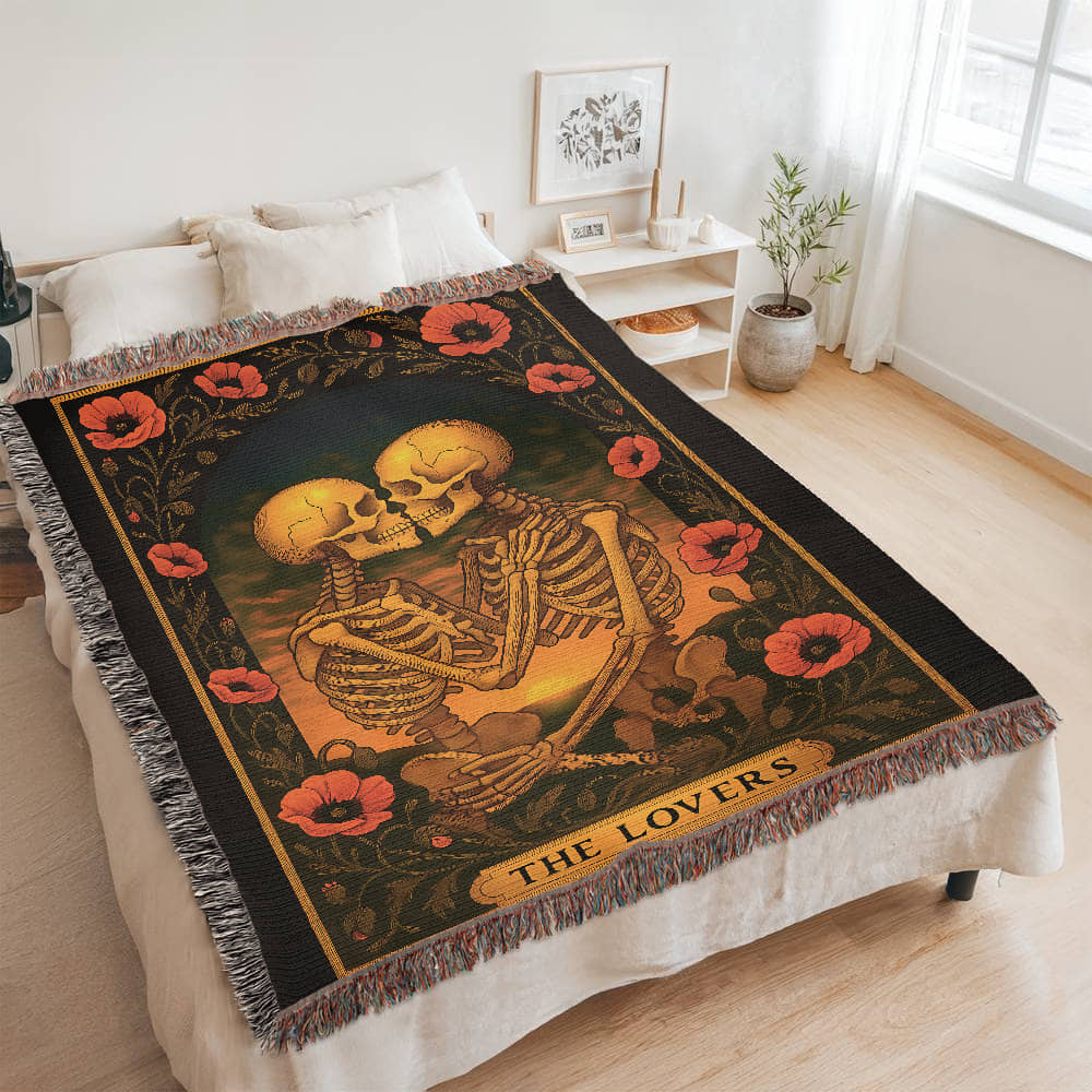 Premium Woven Cotton Throw – Skeleton Lovers with Poppy Garland Frame, Sunset Scene & The Lovers Caption