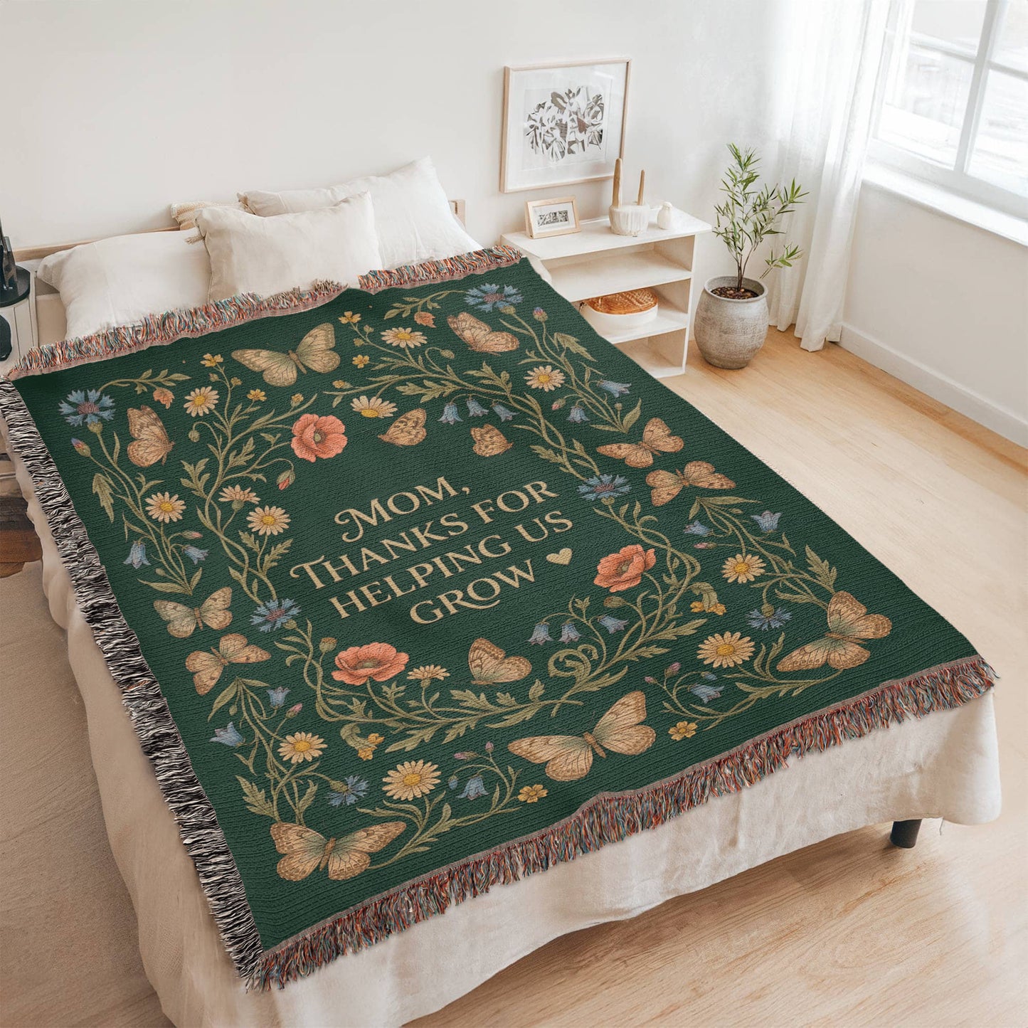 100% Cotton Woven Blanket – Mom Thanks for Helping Us Grow, Emerald Wildflower Throw Gift
