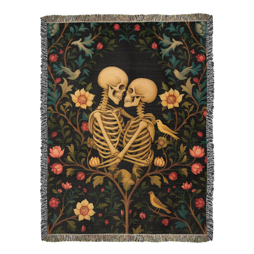 Premium Woven Cotton Throw – Skeleton Lovers in Enchanted Floral Border