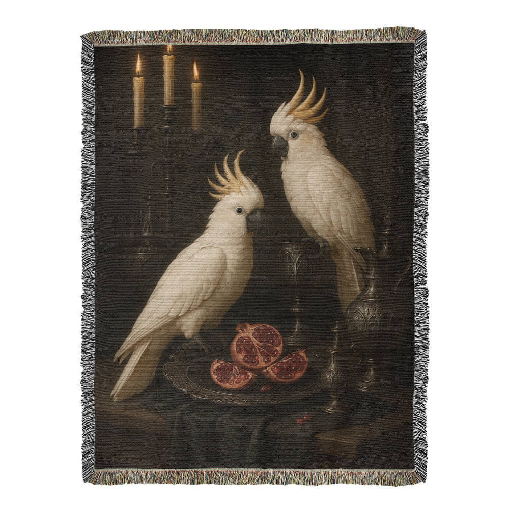100% Cotton Woven Blanket – White Parrots on Table with Two Halved Pomegranates, Bronze Cup and Jug