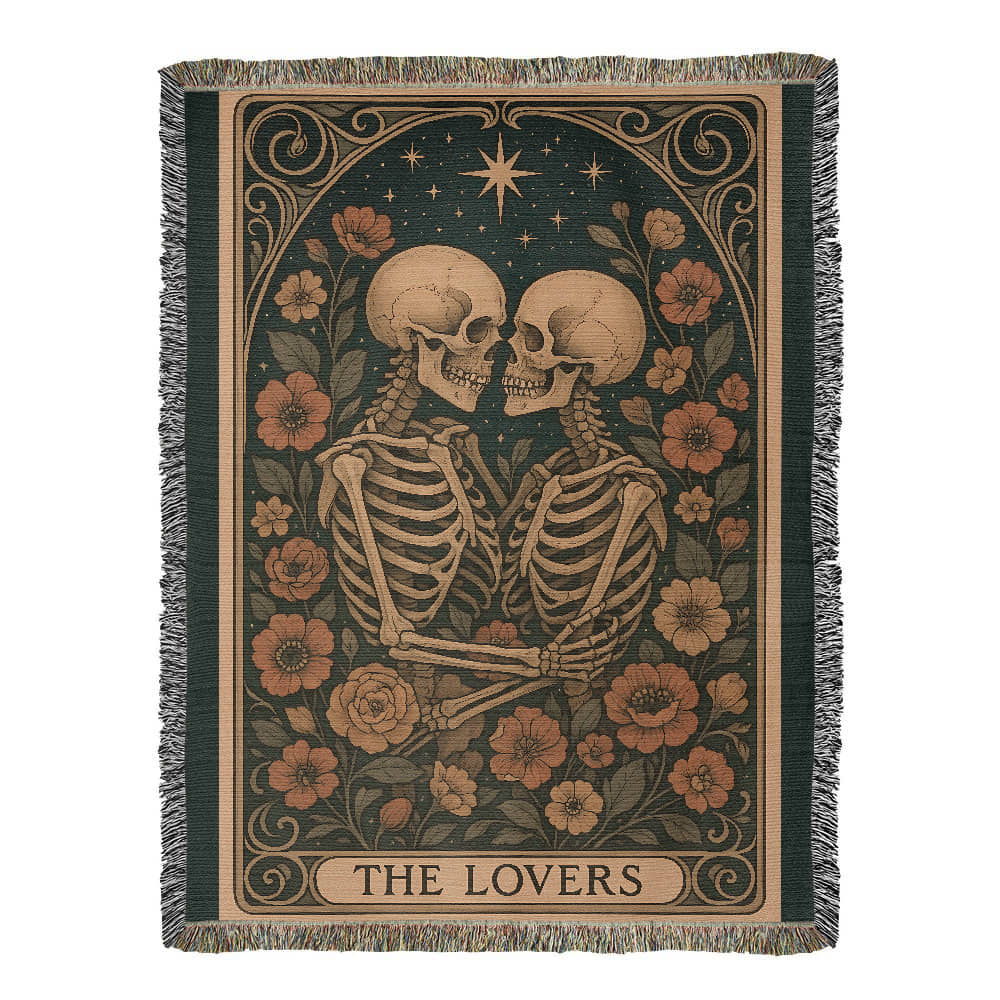Woven Cotton Blanket – Enchanted Skeleton Couple in Floral Starry Scene, The Lovers Artwork