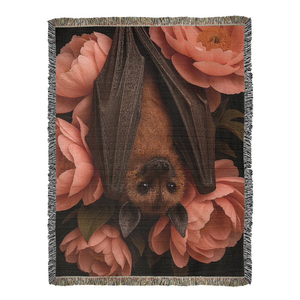 Premium Woven Cotton Throw – Bat Nestled among Vibrant Flowers