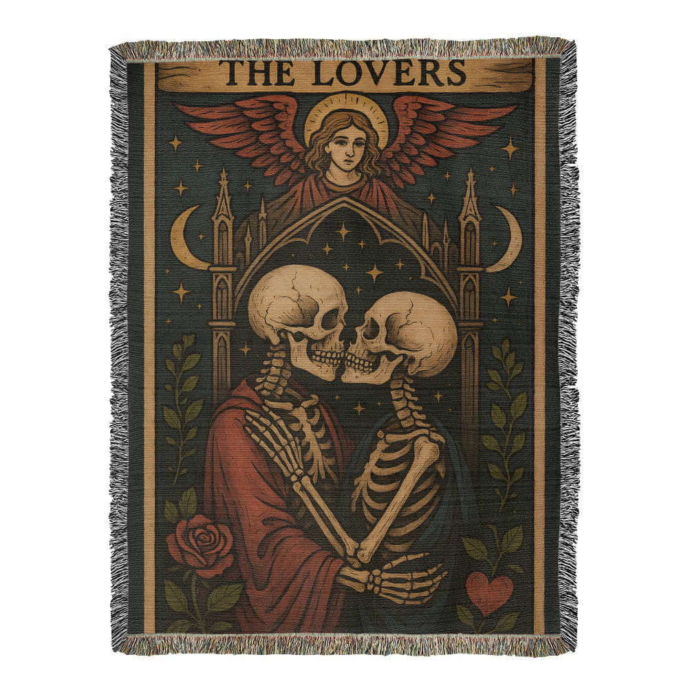 100% Cotton Woven Blanket – Gothic Skeleton Couple under Moon and Stars with Winged Angel, The Lovers Tarot Style