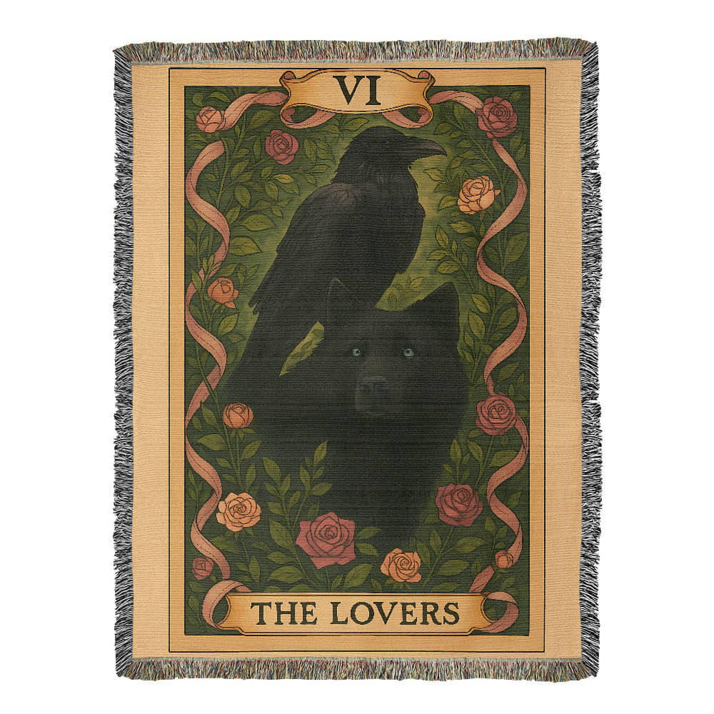 100% Cotton Woven Blanket – Mystic Black Wolf and Raven on Grass & Flowers, The Lovers Card VI