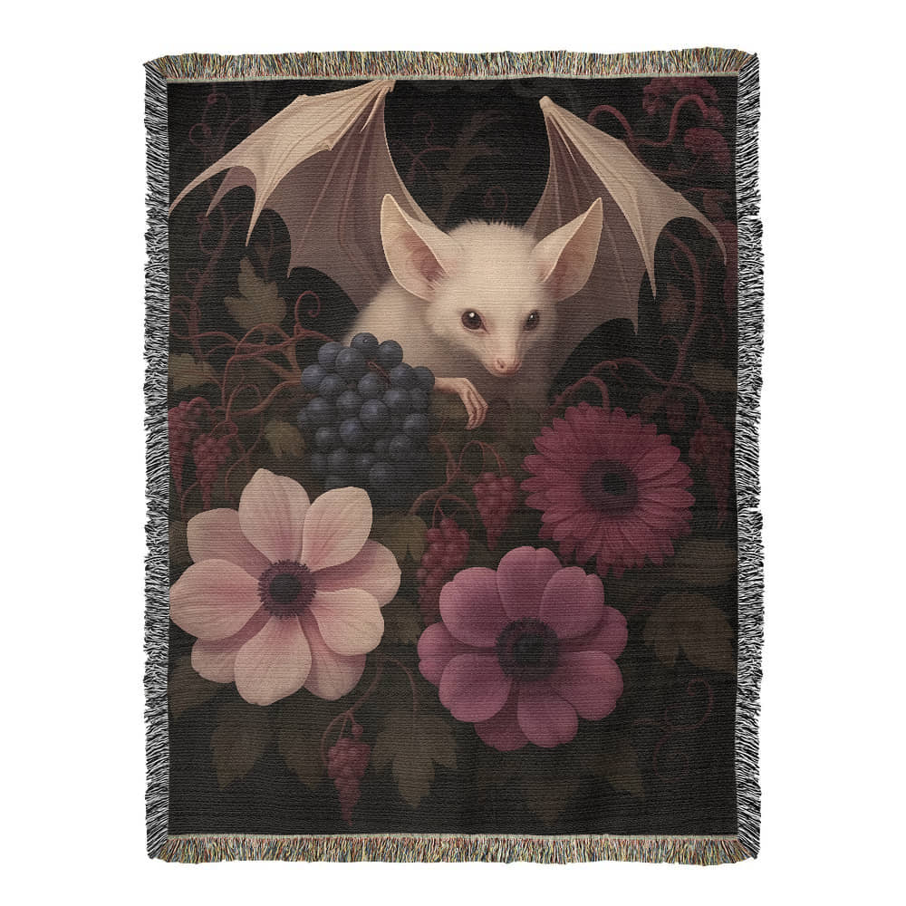 100% Cotton Woven Blanket – Bat Resting in Blooming Flowers