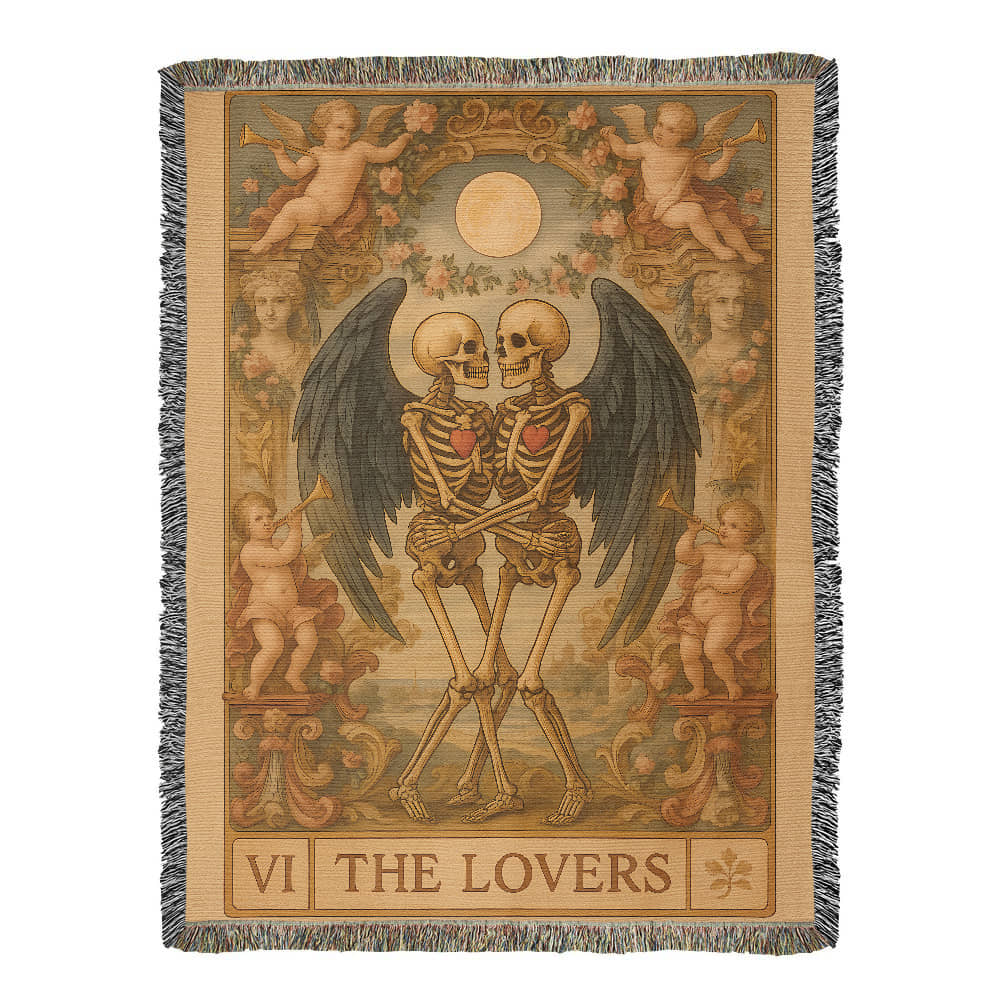 100% Cotton Woven Blanket – Gothic Skeleton Couple with Black Wings Surrounded by Cherubs, The Lovers Card Design