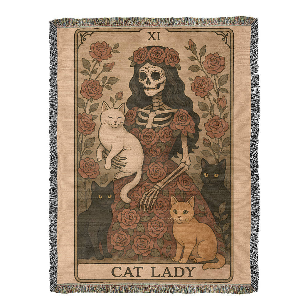 Premium Woven Cotton Throw – Skeleton Cat Lady Dressed in Red Roses with Four Cats, “Cat Lady” Card Artwork