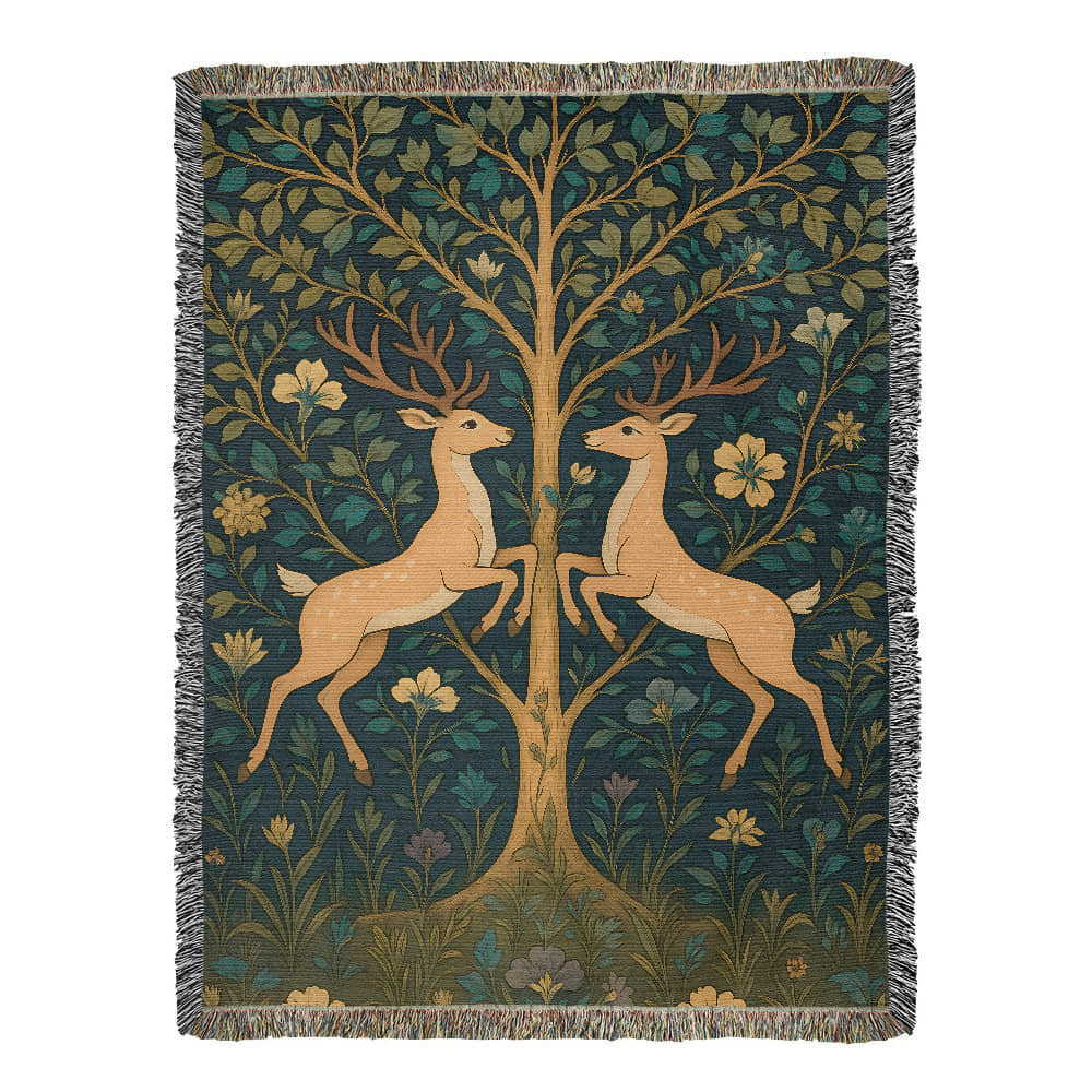 Premium Woven Cotton Throw – Fantasy Deer Duo Rearing Face to Face under Enchanted Tree